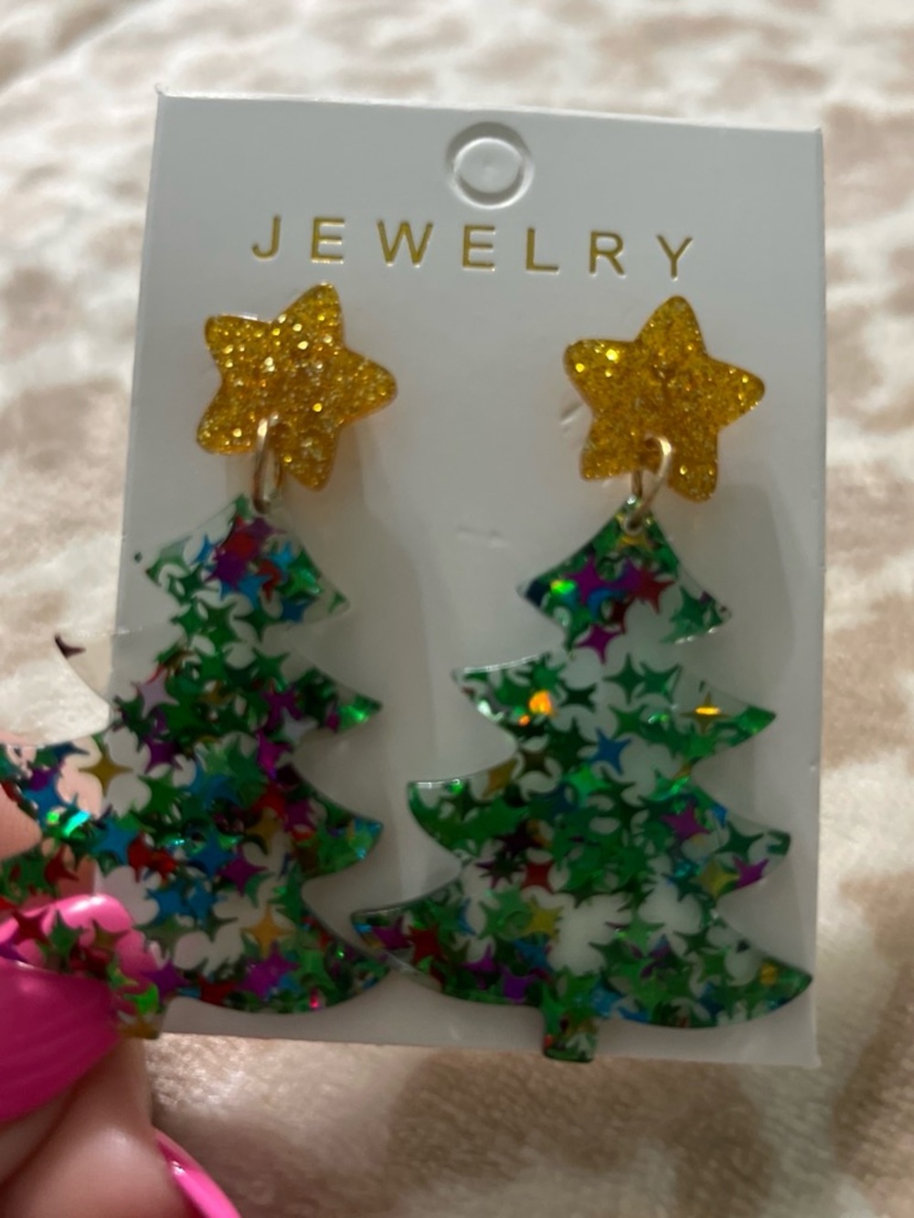 Gold Star & Green Holographic Christmas Tree Kids Earrings